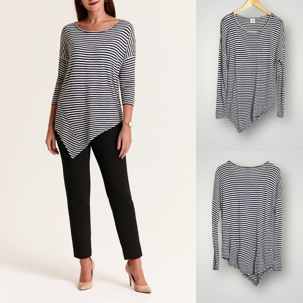 CAbi Boat Stripe Tee Top Size Medium Asymetric Long Sleeve Black White